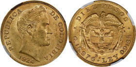 COLOMBIA. 10 Pesos, 1924-B. Bogota Mint. NGC MS-61.
Fr-112; KM-202. Rather wholesome and appealing, this most pleasing Mint State specimen offers shi...