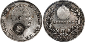 COSTA RICA. Costa Rica - Great Britain. 2 Reales, ND (1849-57). PCGS VF-30. Countermark: EF Details.
Type VII countermark on 1834 Great Britain Shill...