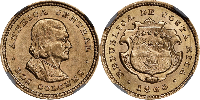 COSTA RICA. 2 Colones, 1900. Philadelphia Mint. NGC MS-65+.
Fr-22; KM-139. An e...