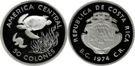 COSTA RICA. 50 Colones, 1974. PCGS PROOF-70 Deep Cameo.
KM-200A. Wildlife Conservation Series issue featuring the Green Turtle. Smartly executed came...
