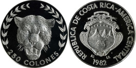 COSTA RICA. 250 Colones, 1982-FM. Pennsylvania (Franklin) Mint. PCGS PROOF-69 Deep Cameo.
KM-212. Jaguar conservation series. A tantalizing jaguar bu...