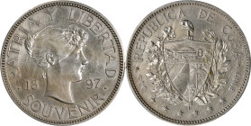 CUBA. Souvenir Peso, 1897. Massachusetts (Gorham) Mint. PCGS Genuine--Harshly Cleaned, AU Details.
KMX-M2. Type II, with star below "97" baseline. Pa...