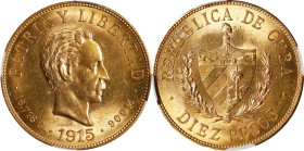 CUBA. 10 Pesos, 1915. Philadelphia Mint. NGC MS-62.
Fr-3; KM-20. AGW: 0.4838 oz. A nearly Choice example of the popular Jose Marti type, offering bri...