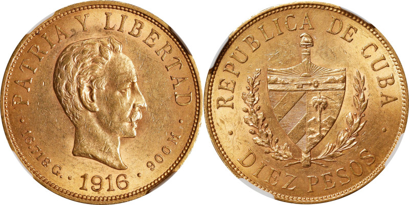 CUBA. 10 Pesos, 1916. Philadelphia Mint. NGC MS-62.
Fr-3; KM-20. AGW: 0.4838 oz...