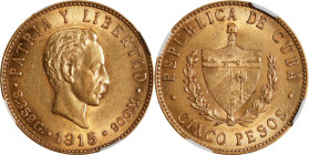 CUBA. 5 Pesos, 1915. Philadelphia Mint. NGC MS-62.
Fr-4; KM-19. AGW: 0.2419. A charming example of this popular issue, exhibiting bright satiny luste...