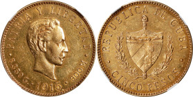 CUBA. 5 Pesos, 1915. Philadelphia Mint. NGC AU-58.
Fr-4; KM-19. AGW: 0.2419 oz. Lightly circulated but nonetheless attractive, with a touch of wateri...