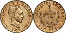 CUBA. 2 Pesos, 1916. Philadelphia Mint. PCGS MS-64.
Fr-6; KM-17. AGW: 0.0967 oz. A lovely gold minor with shimmering luster and rich orange color.
...