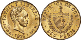 CUBA. 2 Pesos, 1916. Philadelphia Mint. PCGS MS-64.
Fr-6; KM-17. AGW: 0.0967 oz. Offering full cartwheel luster and crisp detail, this gold piece is ...