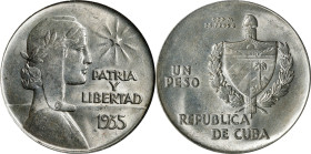 CUBA. Peso, 1935. Philadelphia Mint. PCGS AU-58.
KM-22. This impressive near-Mint example boasts the undeniable originality and strong eye appeal. Co...