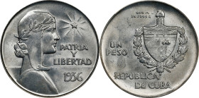CUBA. Peso, 1936. Philadelphia Mint. PCGS MS-63.
KM-22. "ABC" type. An argent Choice example of this distinctive crown-sized issue. Quite frosty and ...