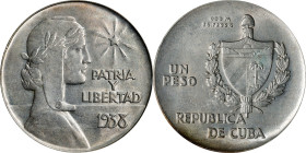CUBA. Peso, 1938. Philadelphia Mint. PCGS AU-58.
KM-22. The ever-popular "ABC" peso, this choice AU example offers mostly gunmetal gray surfaces with...