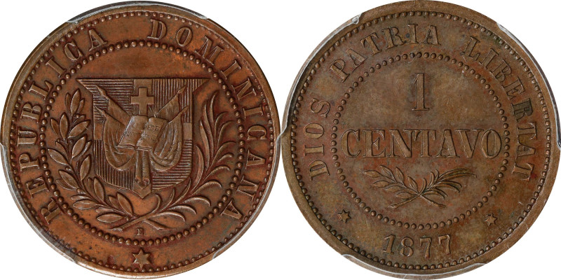 DOMINICAN REPUBLIC. Bronze Centavo Essai (Pattern), 1877. PCGS SPECIMEN-63 Brown...