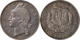 DOMINICAN REPUBLIC. 5 Francos, 1891-A. Paris Mint. PCGS AU-55.
KM-12. This Paris-minted 5 Francos showcases magenta gray iridescence on the obverse t...