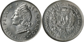 DOMINICAN REPUBLIC. Peso, 1963. London Mint. PCGS MS-64.
KM-30. Mintage: 20,000. Commemorating the 100th anniversary of the restoration of the republ...