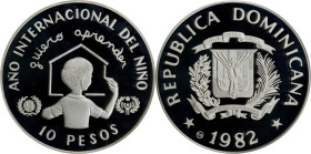 DOMINICAN REPUBLIC. Silver 10 Pesos Piefort, 1982-CHI. International Year of the Child. PCGS PROOF-69 Deep Cameo.
KM-P2. Mintage: 262. A rather SCARC...