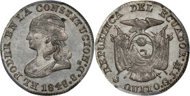 ECUADOR. 1/2 Real, 1848-GJ Mo. Quito Mint. PCGS MS-63+.
KM-35. An EXTREMELY SCARCE little minor to encounter, particularly at this level of preservat...