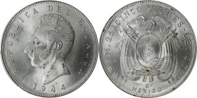 ECUADOR. 5 Sucres, 1944-Mo. Mexico City Mint. PCGS MS-64.
KM-79. An incredibly frosty near-Gem with impressive cartwheel luster. Moderate contact mar...