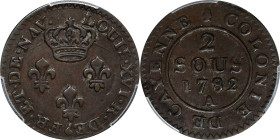FRENCH GUIANA. Cayenne. 2 Sous, 1782-A. Paris Mint. Louis XVI. PCGS AU-50.
KM-1. Struck in billion, though very little silver coating was applied to ...