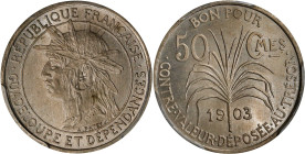 GUADELOUPE. Copper-Nickel 50 Centimes Essai (Pattern), 1903. Paris Mint. PCGS SPECIMEN-65.
KM-E1; Lec-49. Smooth edge. An attractive example of this ...