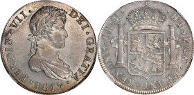 GUATEMALA. 8 Reales, 1817-NG M. Nueva Guatemala Mint. Ferdinand VII. NGC AU-55.
KM-69; Cal-1229; FC-64. Presenting superb eye appeal for the grade, t...
