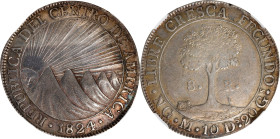 GUATEMALA. Central American Republic. 8 Reales, 1824-NG M. Nueva Guatemala Mint. NGC AU-53.
KM-4. Rich magenta gray cabinet patina enhances the surfa...