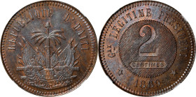 HAITI. Copper 2 Centimes Essai (Pattern), 1889. Paris Mint. NGC MS-64.
KM-Pn86. A gorgeous pattern with unique veins of magentas and blues streaking ...