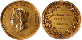 JAMAICA. International Exhibition Gilt Copper Award Medal, 1891. PCGS SPECIMEN-58.
Roehrs-1566; cf. Brandon-1027. By L.C. Wyon. Diameter: 45mm. Obver...