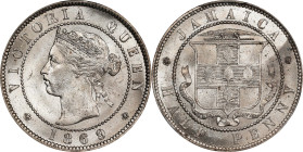 JAMAICA. 1/2 Penny, 1869. Birmingham (Heaton) Mint. Victoria. PCGS MS-65.
KM-17. A crisp Gem minor with impressive cartwheel luster and a light touch...
