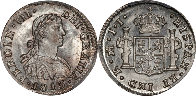 MEXICO. 1/2 Real, 1813/2-Mo JJ. Mexico City Mint. Ferdinand VII. PCGS MS-65+.
K...