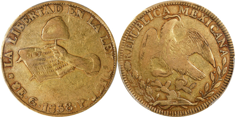 MEXICO. 8 Escudos, 1838-Go PJ. Guanajuato Mint. PCGS VF-30.
Fr-72; KM-383.7. A ...