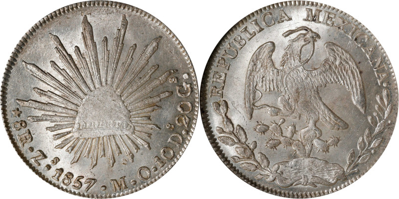 MEXICO. 8 Reales, 1857-Zs MO. Zacatecas Mint. NGC MS-63.
KM-377.13; DP-Zs38. Wh...