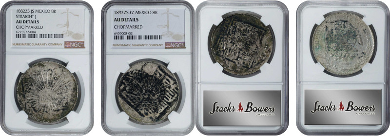 MEXICO. Duo of Inkchopped 8 Reales (2 Pieces), 1882 & 1892-ZS. Zacatecas Mint. B...