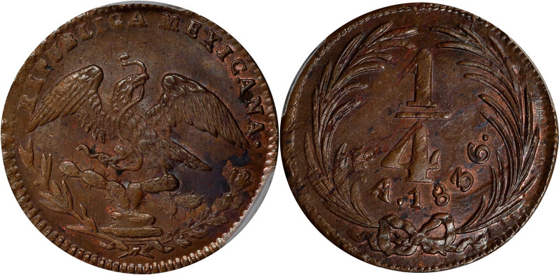 MEXICO. 1/4 Real, 1836-Mo. Mexico City Mint. PCGS MS-63 Brown.
KM-358. A pleasi...