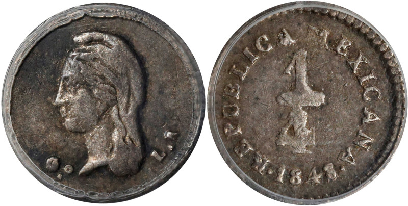 MEXICO. 1/4 Real, 1848/7-Go LR. Guanajuato Mint. PCGS AU-55.
KM-368.5. Overdate...