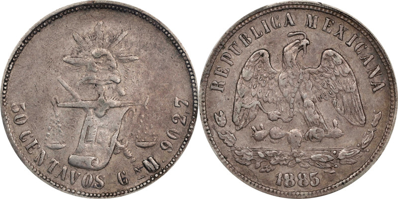 MEXICO. 50 Centavos, 1885/3-Cn M/H. Culiacan Mint. PCGS VF-35.
KM-407.2. Overda...