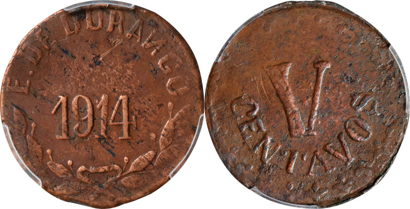 MEXICO. Durango. 5 Centavos, 1914. PCGS EF-45.
KM-632. Retrograde N in "DURANGO...