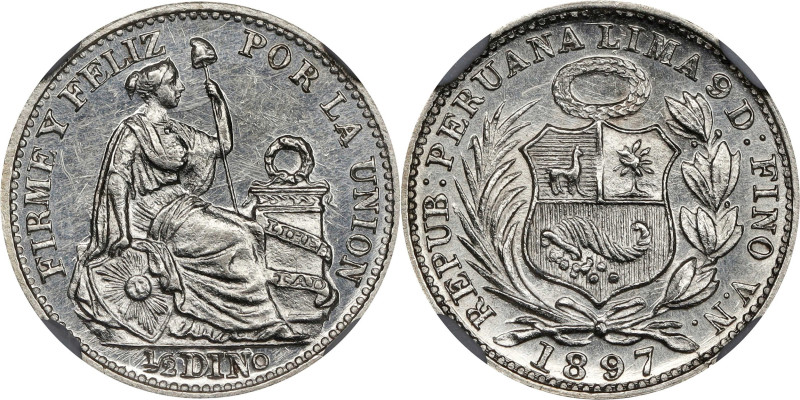PERU. 1/2 Dinero, 1897-VN. Lima Mint. NGC MS-64.
KM-206.2. Quite a desirable va...