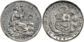 PERU. 1/2 Dinero, 1897-VN. Lima Mint. NGC MS-64.
KM-206.2. Quite a desirable variety, the "VN" assayer mark was only utilized for 1/2 Dineros in 1897...