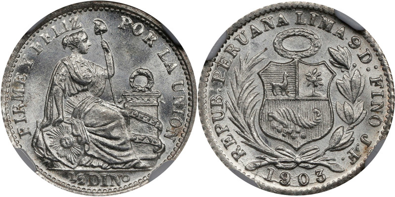 PERU. 1/2 Dinero, 1903/803-JF. Lima Mint. NGC MS-67.
KM-206.2. An unquestionabl...
