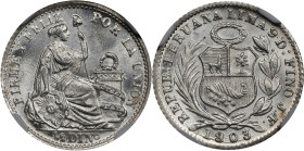 PERU. 1/2 Dinero, 1903/803-JF. Lima Mint. NGC MS-67.
KM-206.2. An unquestionable Superb Gem tied for finest in the NGC census, this ivory white piece...