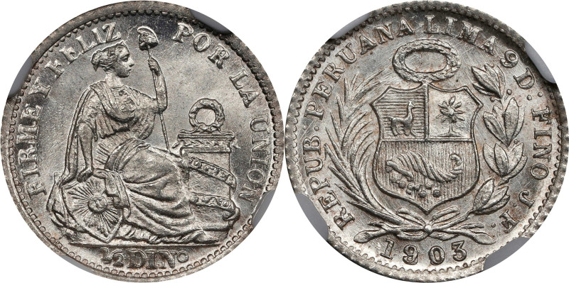PERU. 1/2 Dinero, 1903/893-JF. Lima Mint. NGC MS-67.
KM-206.2. Remarkable in ev...