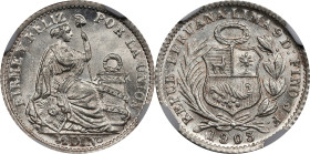 PERU. 1/2 Dinero, 1903/893-JF. Lima Mint. NGC MS-67.
KM-206.2. Remarkable in every respect, this Superb Gem survivor must have been set aside in a sa...