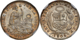PERU. 1/2 Dinero, 1905-JF. Lima Mint. NGC MS-67.
KM-206.2. NGC census: 1, none finer. A true Superb Gem with surfaces verging on flawless, pale apric...