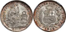PERU. 1/2 Dinero, 1908/7-FG. Lima Mint. NGC MS-67.
KM-206.2. Simply outstanding to dip under a light source, this brazen Superb Gem boasts pinkish-ro...