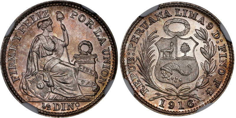 PERU. 1/2 Dinero, 1916/6-FG. Lima Mint. NGC MS-67.
KM-206.2. Demonstrating quit...
