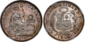 PERU. 1/2 Dinero, 1916/6-FG. Lima Mint. NGC MS-67.
KM-206.2. Demonstrating quite a dramatic repunched date, this Superb Gem example is clearly render...