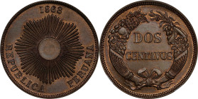 PERU. 2 Centavos, 1863. NGC MS-65.
KM-188. NGC census: 2, none finer. Bright cartwheel luster spirals around this satiny copper-nickel piece. Gleamin...
