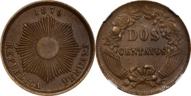 PERU. 2 Centavos, 1879. NGC MS-62 Brown.
KM-188.1A. Chocolate brown surfaces exhibit consistent satin luster across both faces. Although the obverse ...