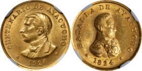 PERU. Centennial of the Battle of Ayacucho Gold Medal, 1924. NGC MS-65+.
Diameter: 15mm. Weight: 2.21 gms. Commemorating the 100th anniversary of the...