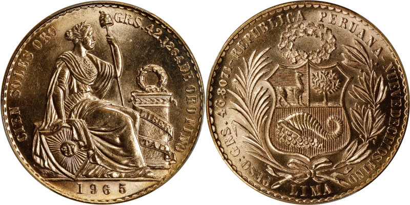 PERU. 100 Soles, 1965-LIMA. Lima Mint. PCGS MS-64.
Fr-78; KM-231. AGW: 1.3544 o...